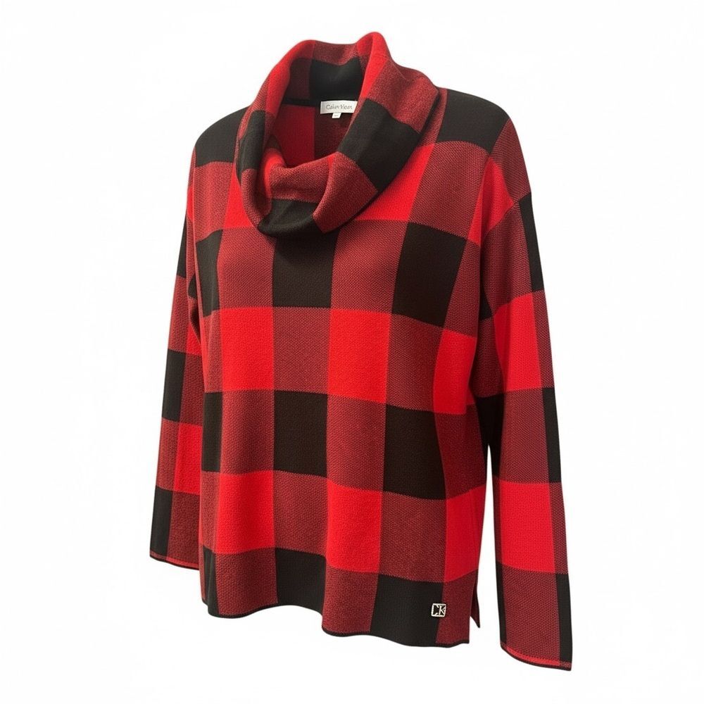 Calvin Klein Women's Red and Black Checkered Turtleneck Sweater XS 20” PTP